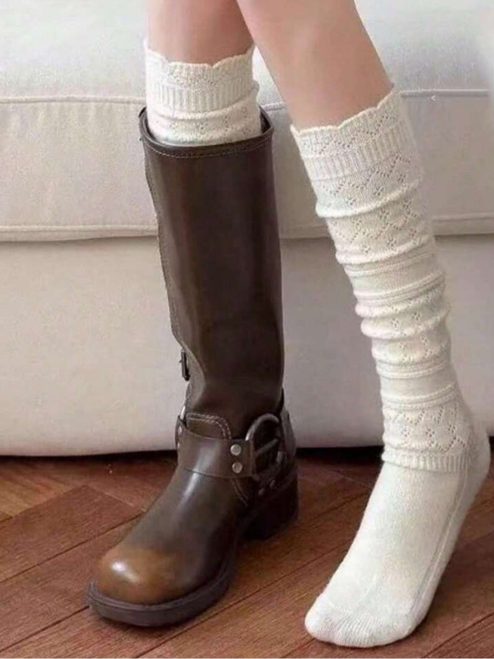 1 Pair Hollow Out Layered Leg Warmers Socks, Knitted Mid-Calf Socks,